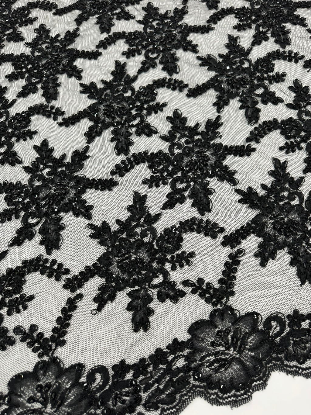 ML138 BLACK Beaded and Corded Alencon Lace