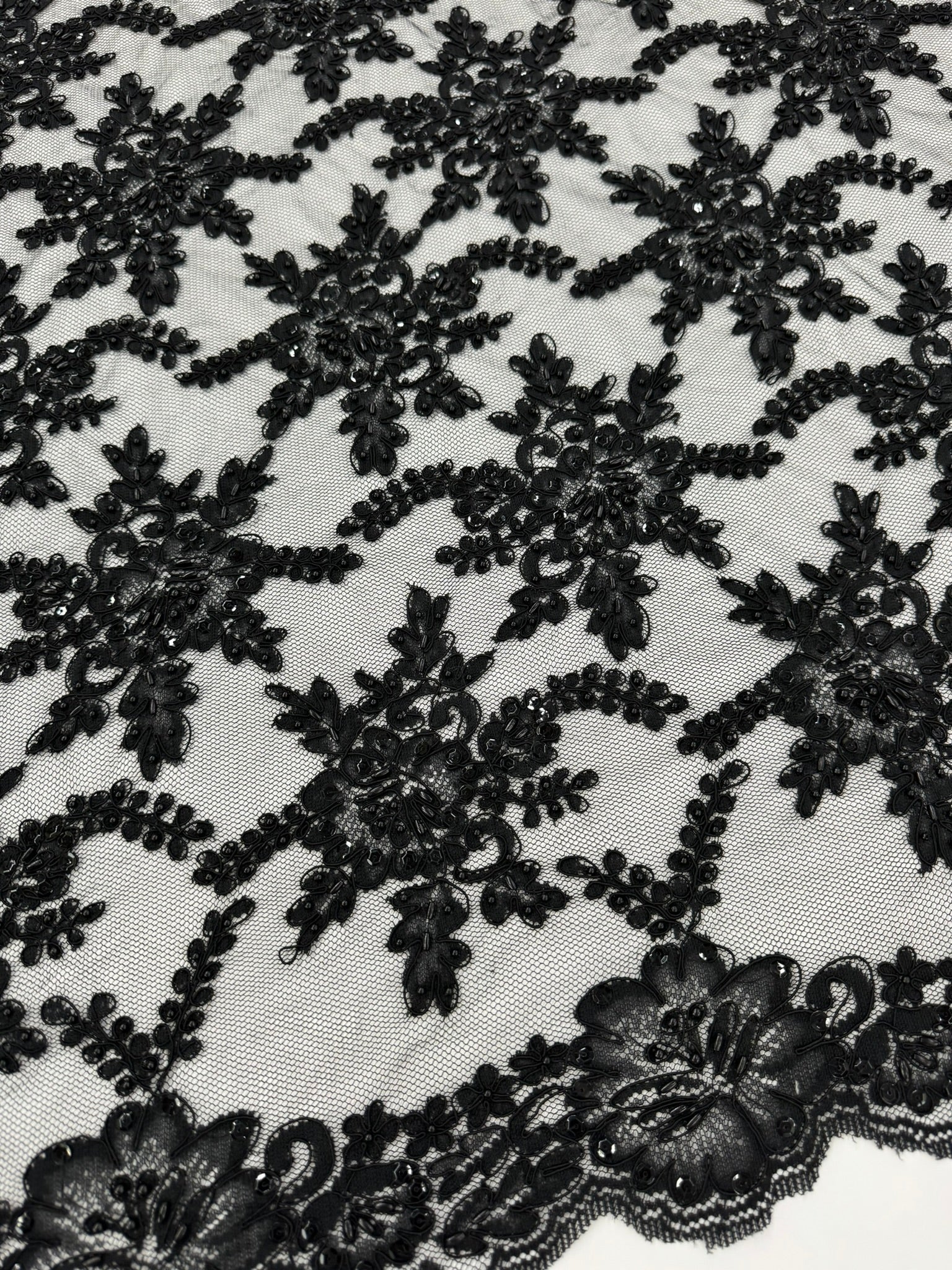 ML138 BLACK Beaded and Corded Alencon Lace