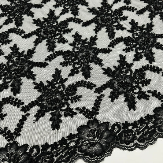 ML138 BLACK Beaded and Corded Alencon Lace