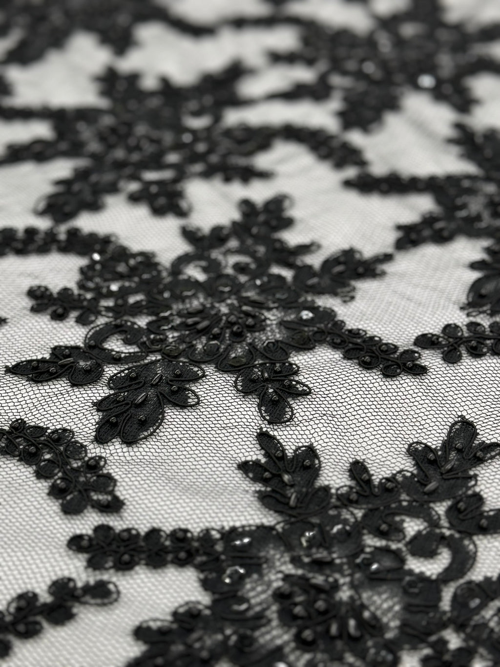 ML138 BLACK Beaded and Corded Alencon Lace