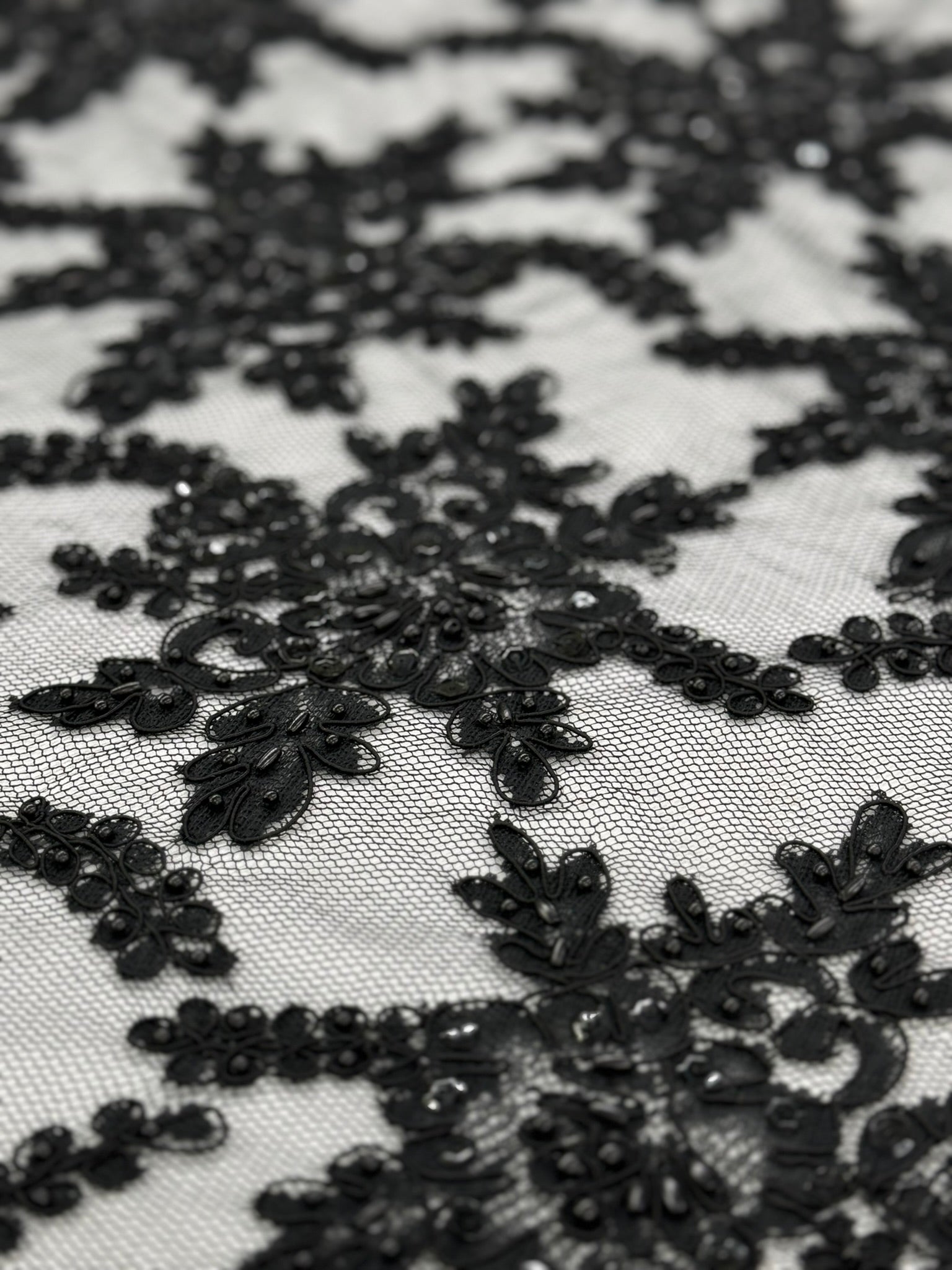 ML138 BLACK Beaded and Corded Alencon Lace