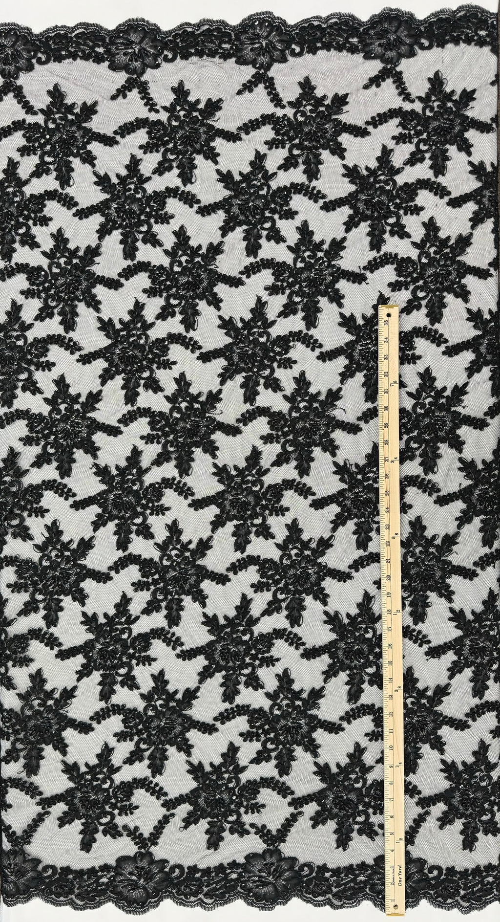 ML138 BLACK Beaded and Corded Alencon Lace