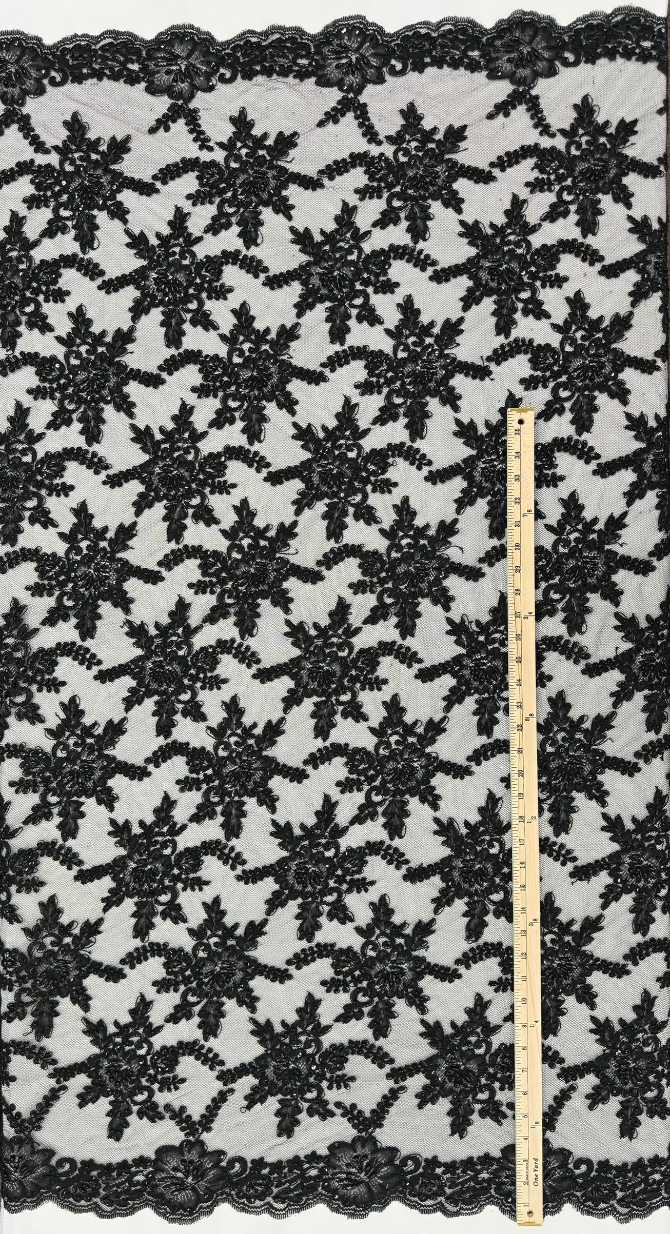 ML138 BLACK Beaded and Corded Alencon Lace