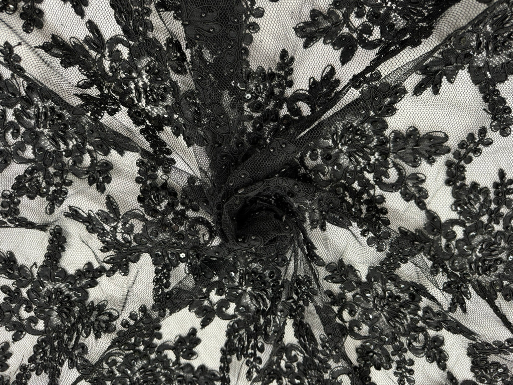 ML138 BLACK Beaded and Corded Alencon Lace