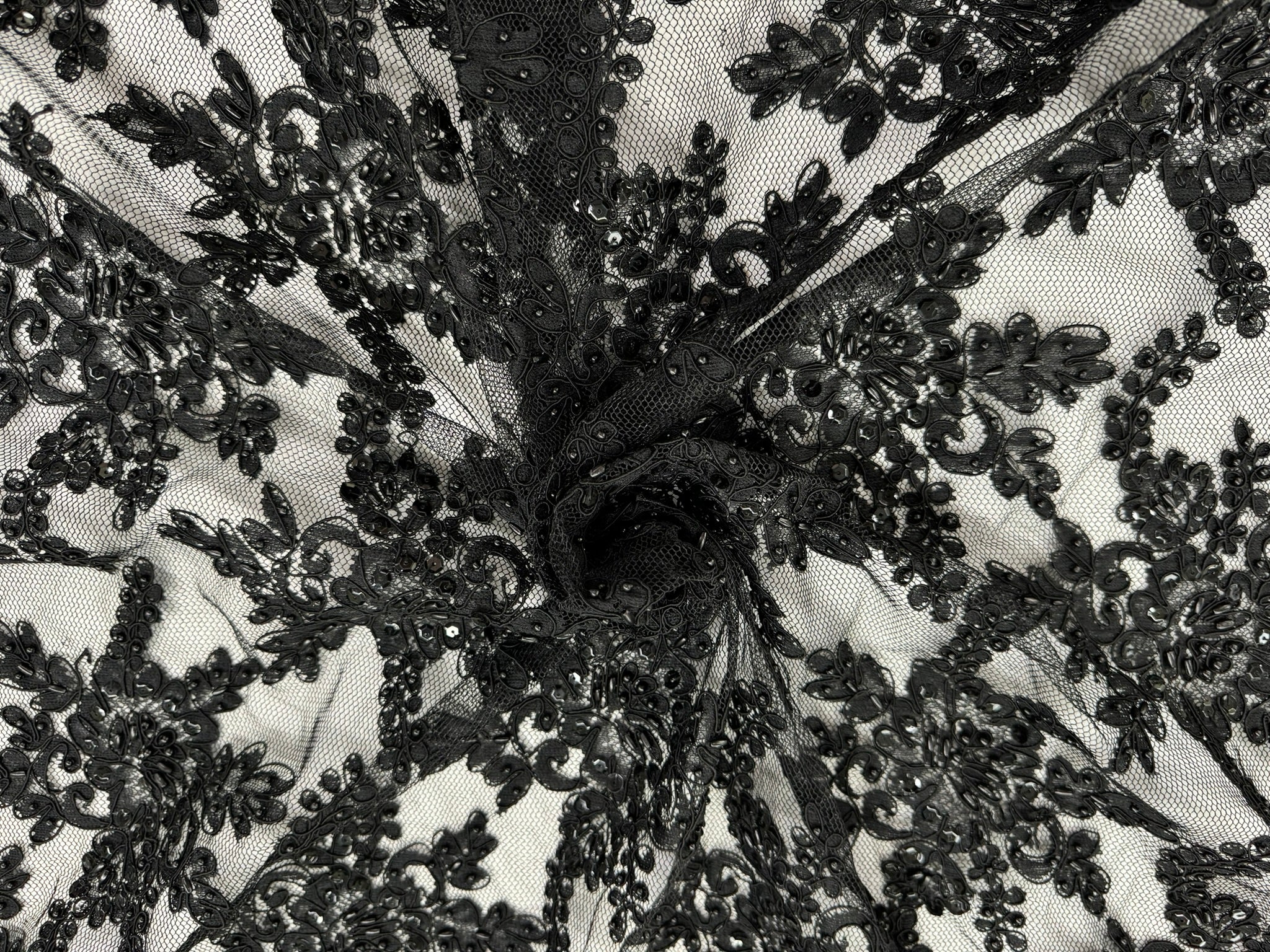 ML138 BLACK Beaded and Corded Alencon Lace