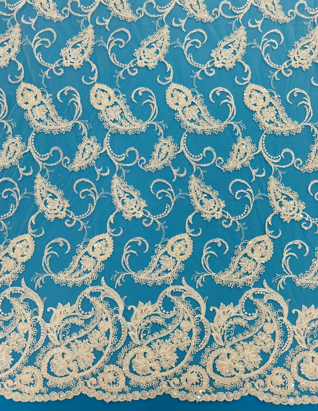 ML180 - Lace Fabric by Yard – 52" Beaded Paisley on Mesh for Gowns, Tablecloth, Party Decor