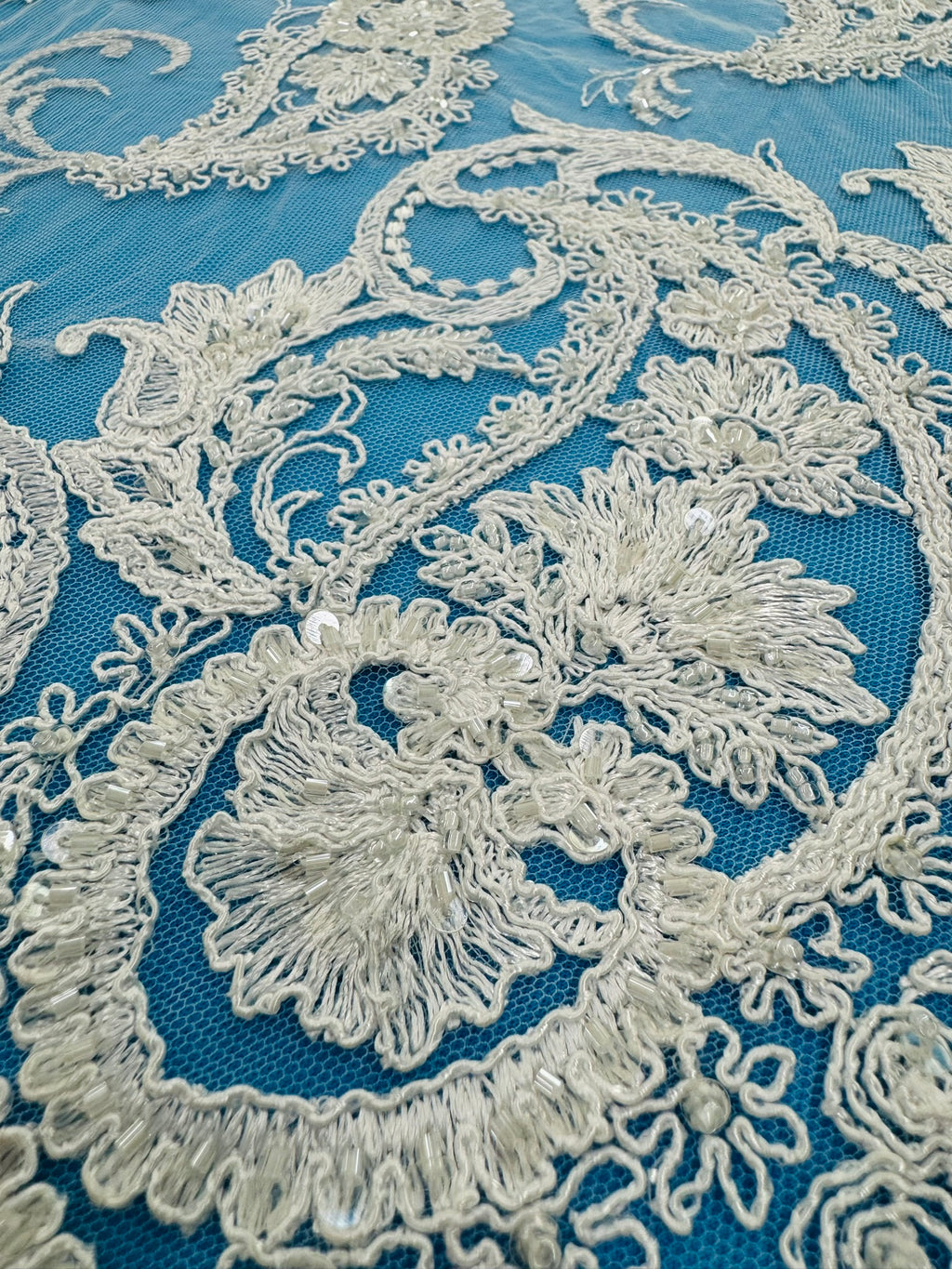 ML180 - Lace Fabric by Yard – 52" Beaded Paisley on Mesh for Gowns, Tablecloth, Party Decor