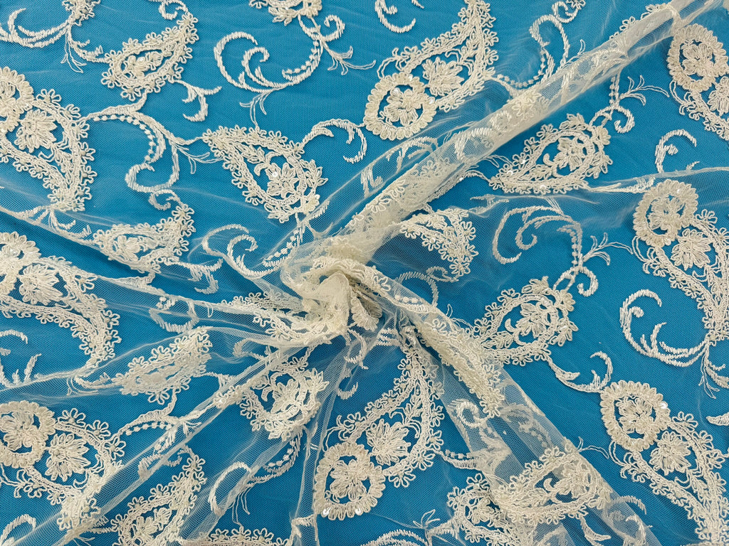 ML180 - Lace Fabric by Yard – 52" Beaded Paisley on Mesh for Gowns, Tablecloth, Party Decor