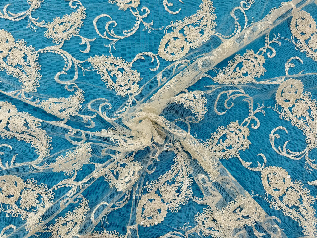 ML180 - Lace Fabric by Yard – 52" Beaded Paisley on Mesh for Gowns, Tablecloth, Party Decor