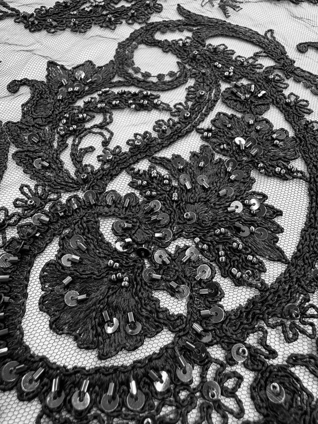 ML180 - Lace Fabric by Yard – 52" Beaded Paisley on Mesh for Gowns, Tablecloth, Party Decor