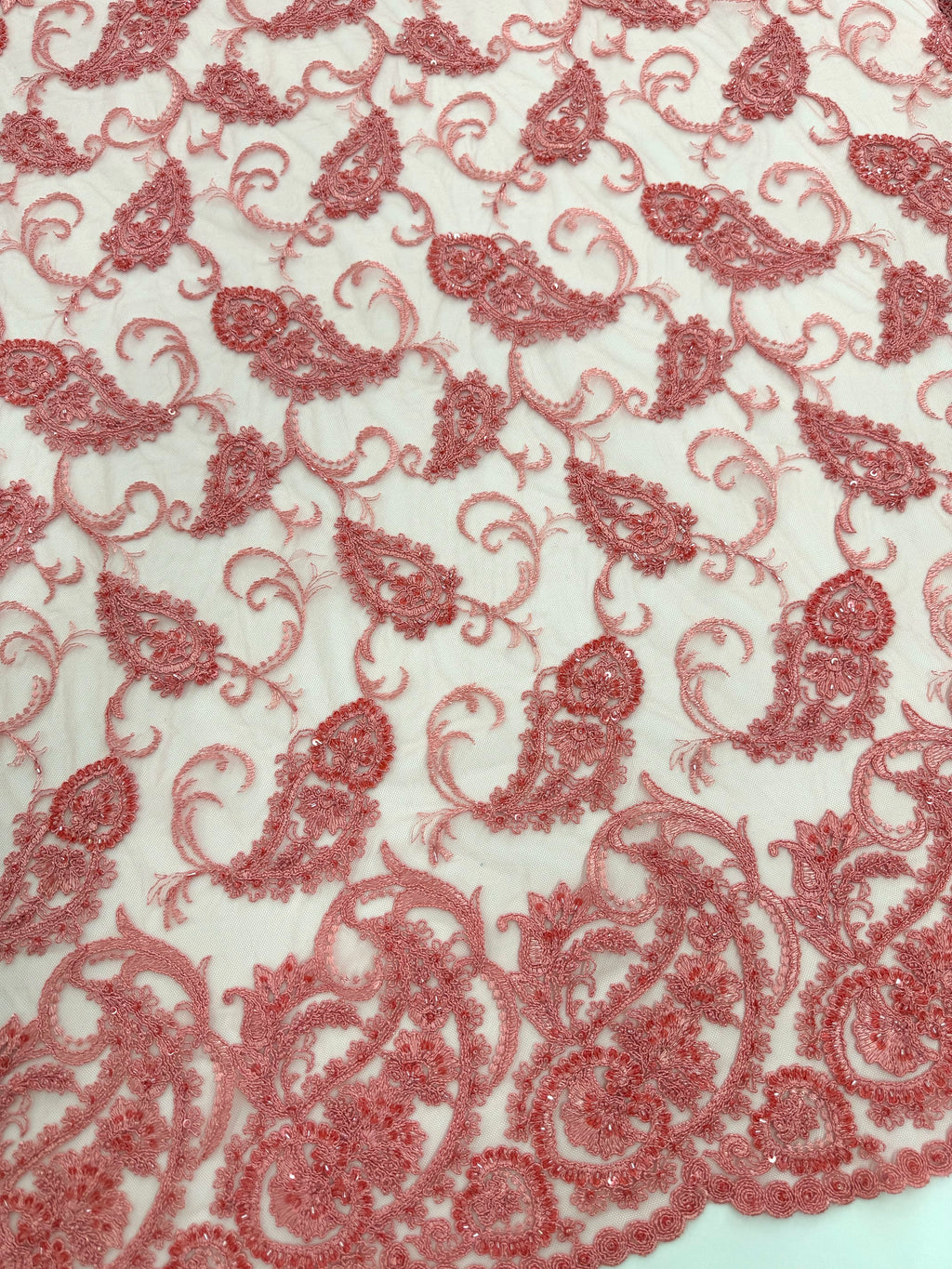 ML180 - Lace Fabric by Yard – 52" Beaded Paisley on Mesh for Gowns, Tablecloth, Party Decor