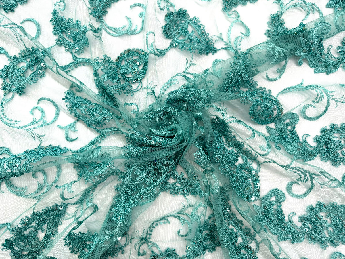 ML180 - Lace Fabric by Yard – 52" Beaded Paisley on Mesh for Gowns, Tablecloth, Party Decor