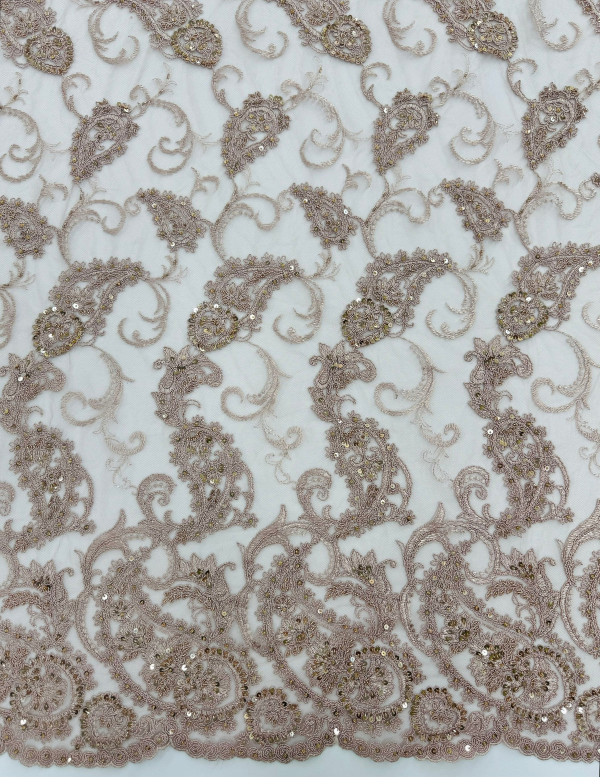 ML180 - Lace Fabric by Yard – 52" Beaded Paisley on Mesh for Gowns, Tablecloth, Party Decor