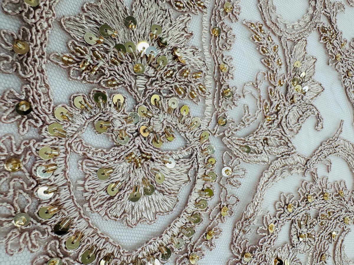 ML180 - Lace Fabric by Yard – 52" Beaded Paisley on Mesh for Gowns, Tablecloth, Party Decor