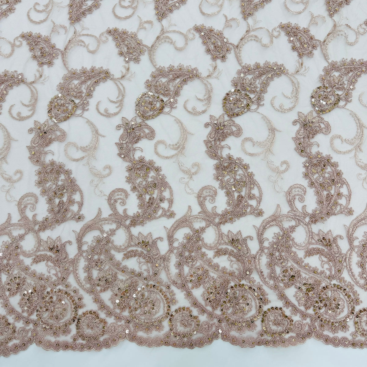 ML180 - Lace Fabric by Yard – 52" Beaded Paisley on Mesh for Gowns, Tablecloth, Party Decor