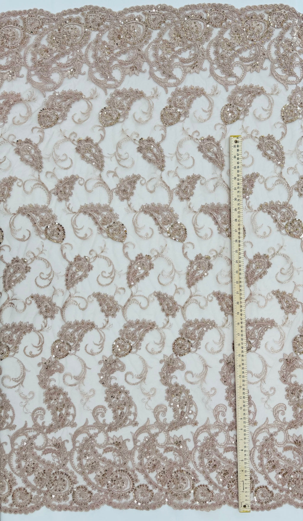 ML180 - Lace Fabric by Yard – 52" Beaded Paisley on Mesh for Gowns, Tablecloth, Party Decor