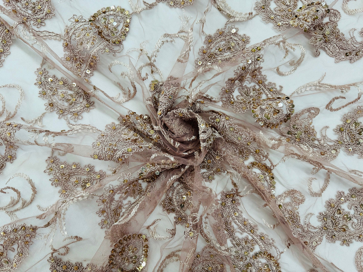 ML180 - Lace Fabric by Yard – 52" Beaded Paisley on Mesh for Gowns, Tablecloth, Party Decor