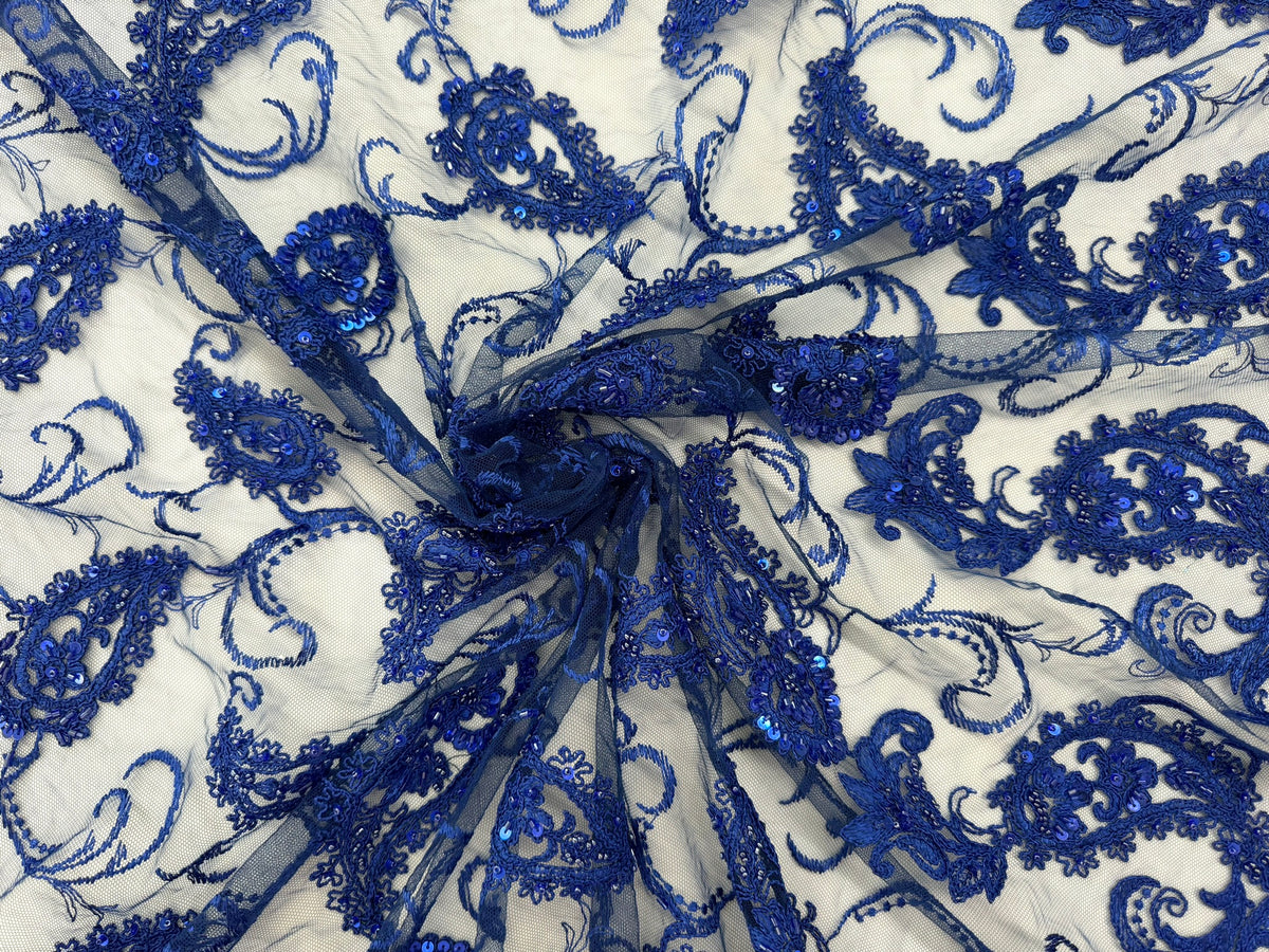 ML180 - Lace Fabric by Yard – 52" Beaded Paisley on Mesh for Gowns, Tablecloth, Party Decor
