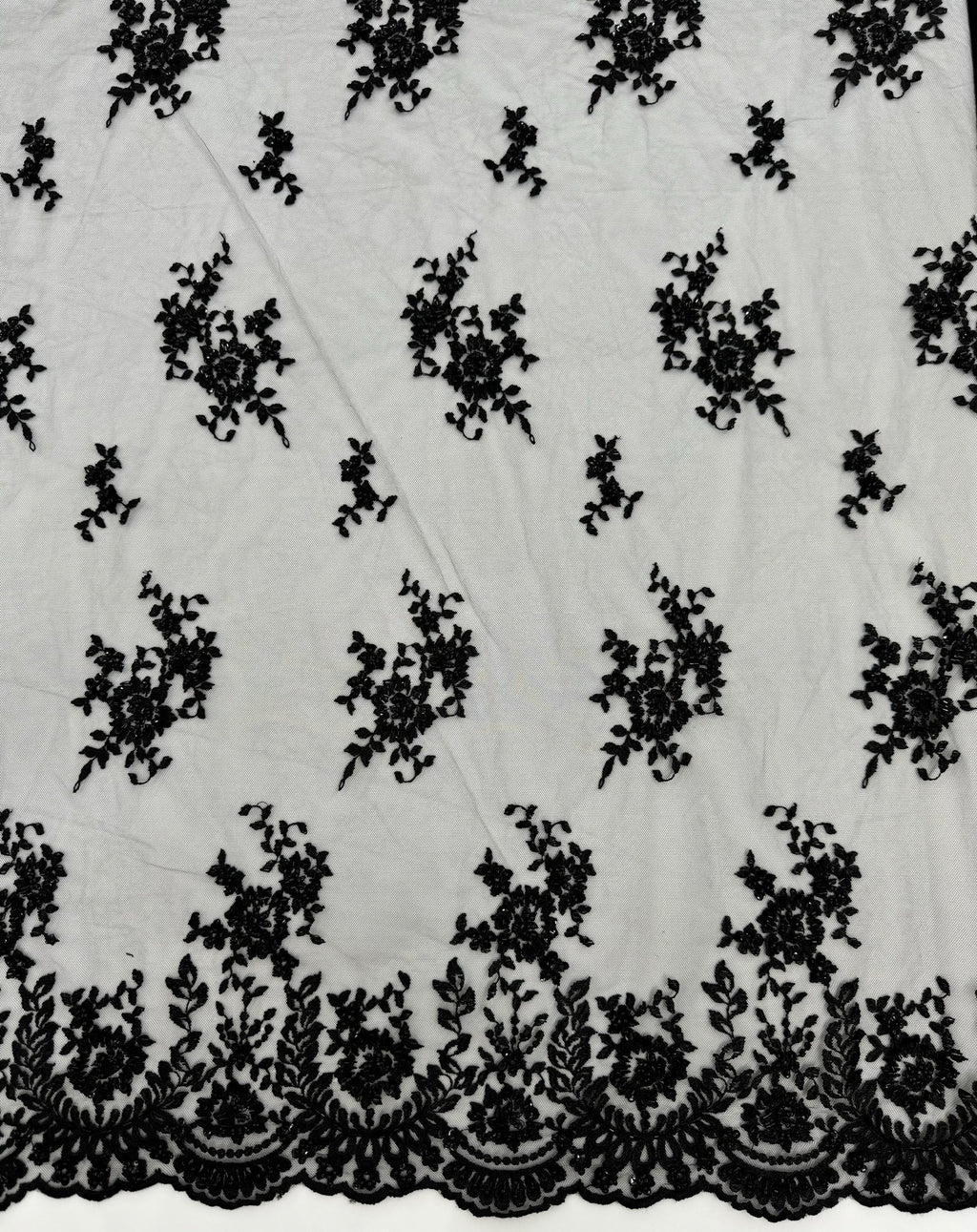 ML179 - Black Lace Fabric by Yard – 52" Beaded Mesh for Gowns, Tablecloth, Party Decor