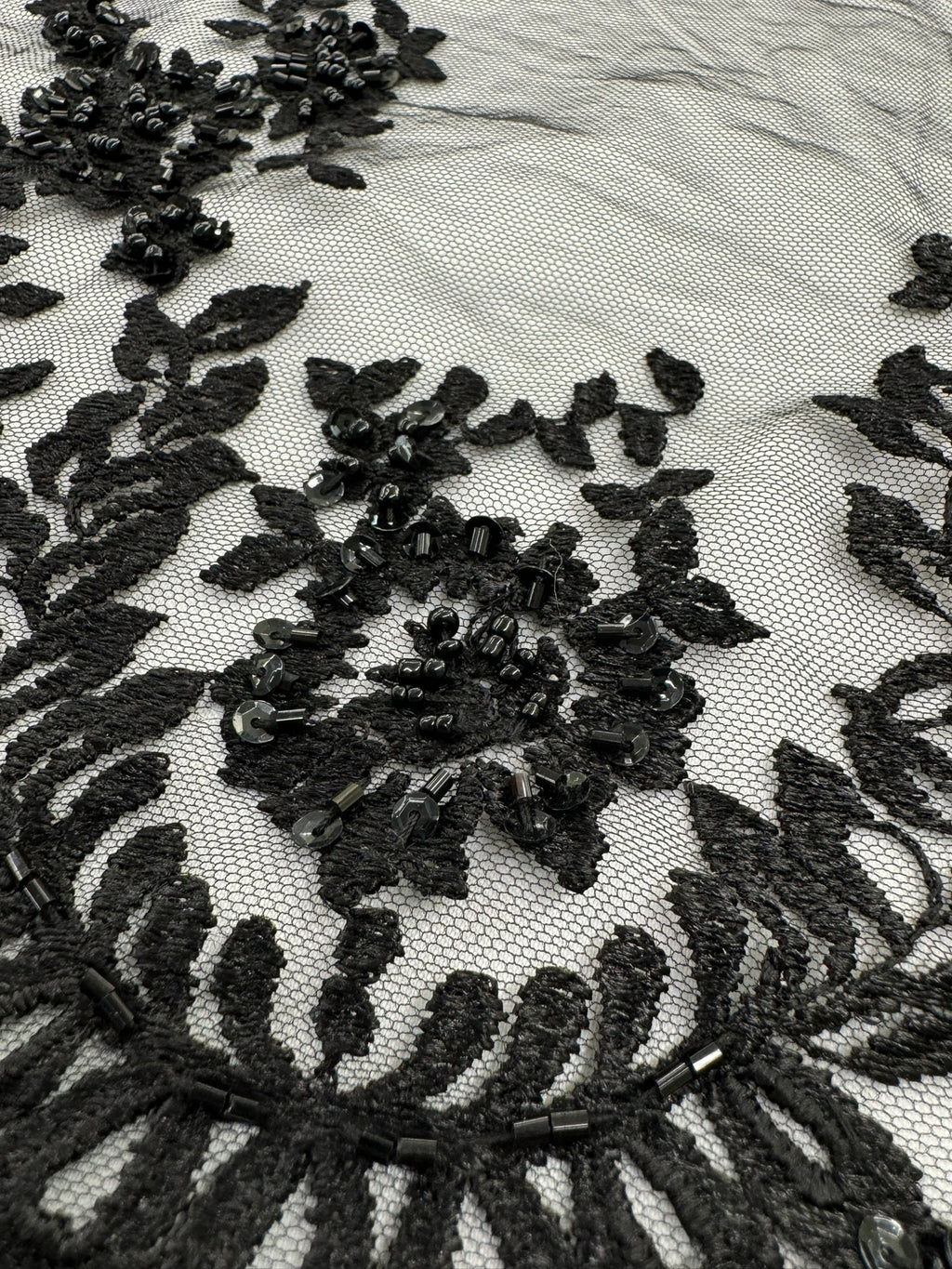 ML179 - Black Lace Fabric by Yard – 52" Beaded Mesh for Gowns, Tablecloth, Party Decor