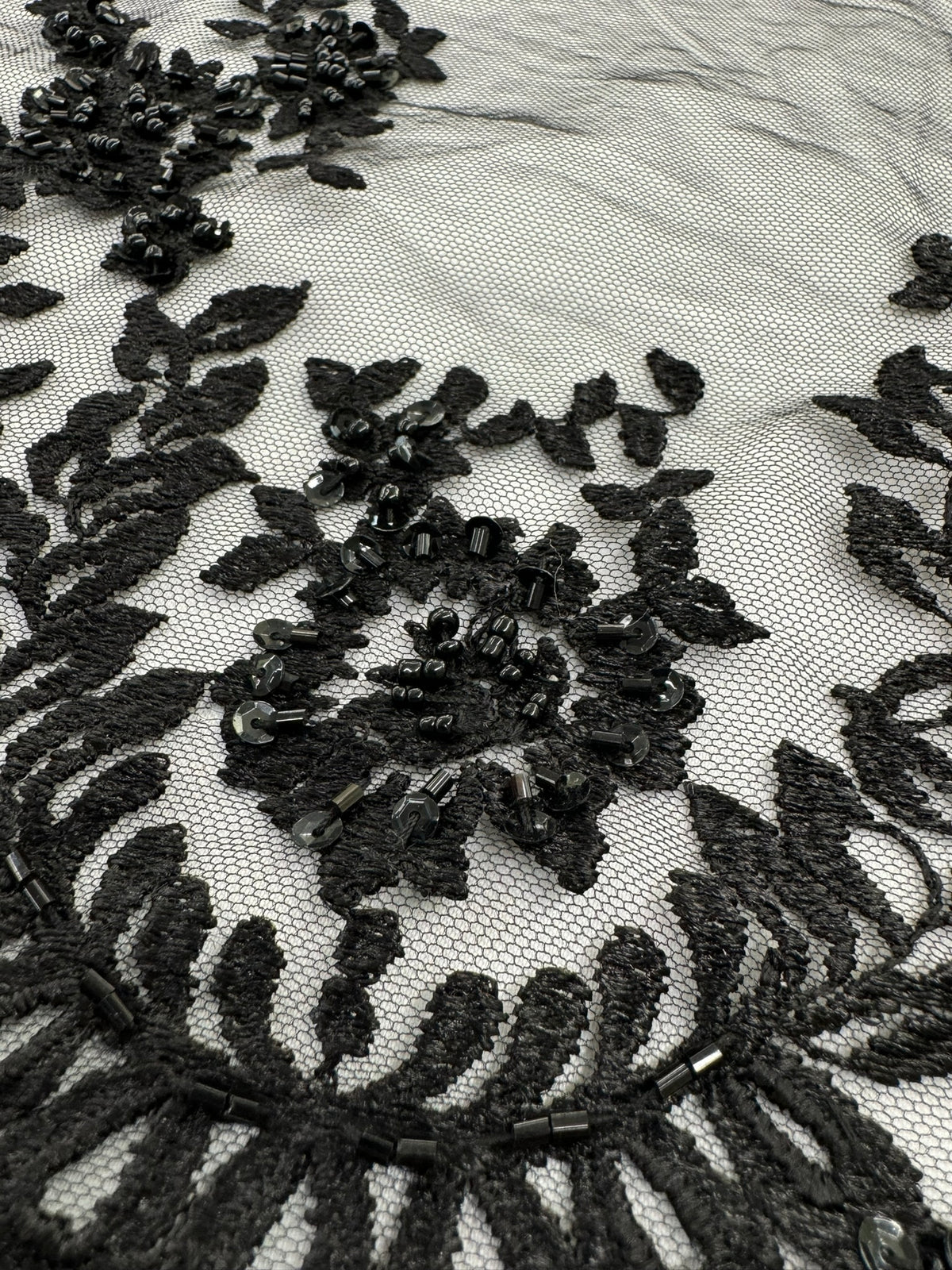 ML179 - Black Lace Fabric by Yard – 52" Beaded Mesh for Gowns, Tablecloth, Party Decor