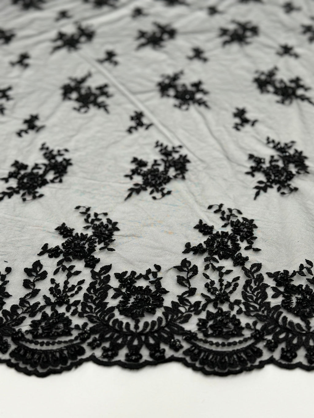 ML179 - Black Lace Fabric by Yard – 52" Beaded Mesh for Gowns, Tablecloth, Party Decor