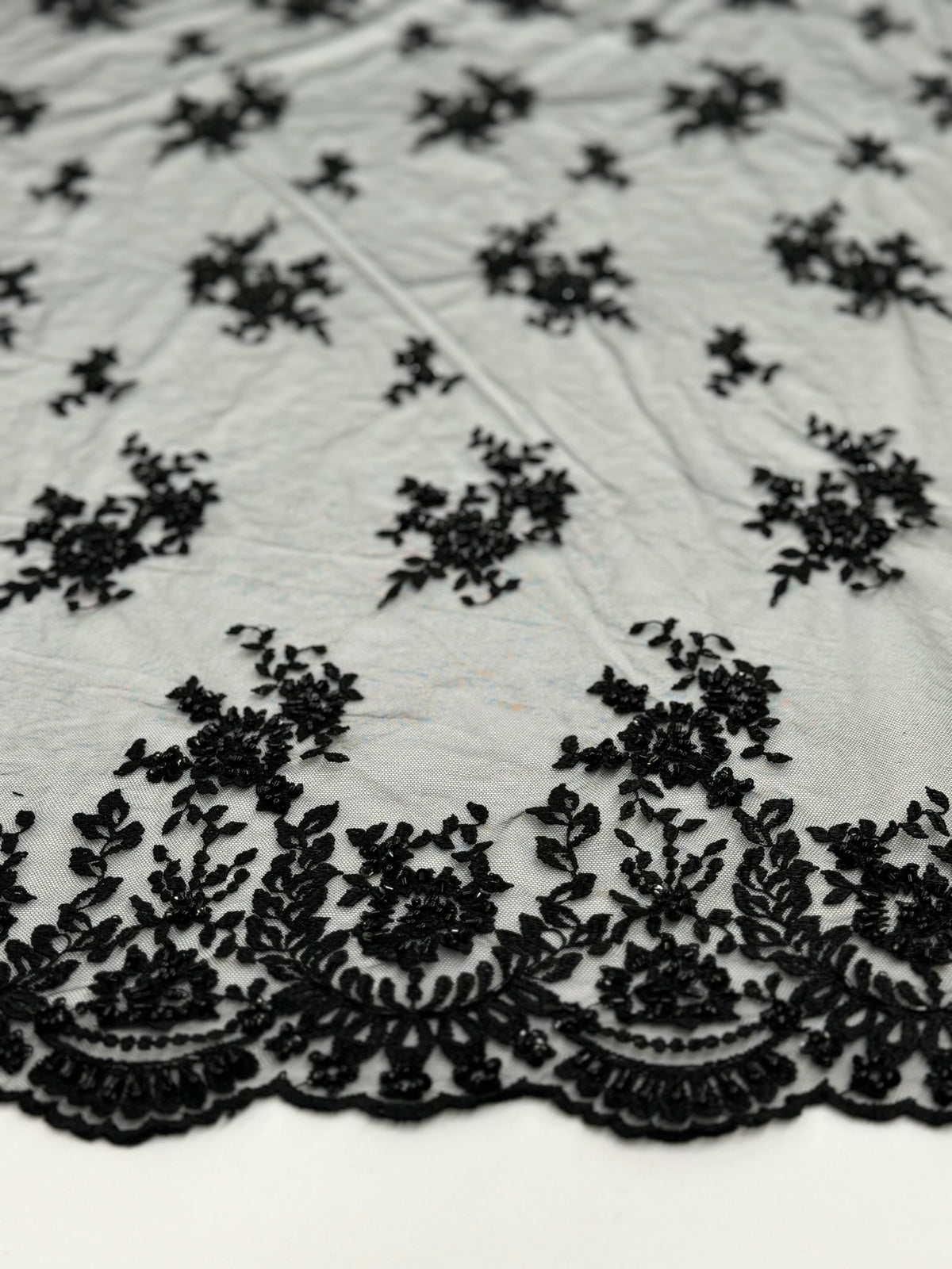 ML179 - Black Lace Fabric by Yard – 52" Beaded Mesh for Gowns, Tablecloth, Party Decor