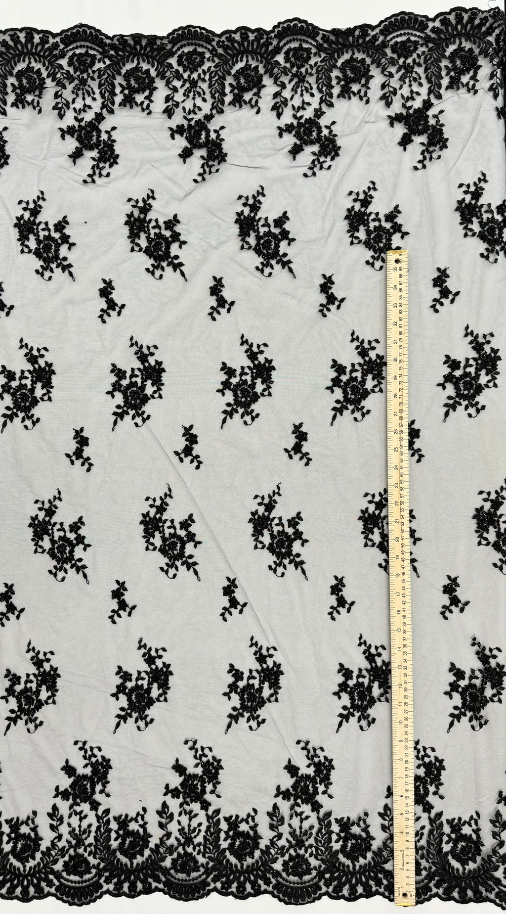 ML179 - Black Lace Fabric by Yard – 52" Beaded Mesh for Gowns, Tablecloth, Party Decor