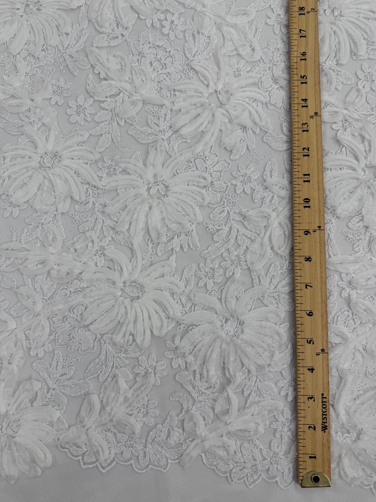ML173 - White Lace Fabric by Yard – 52" Ribbon Embroidery on Mesh for Bridal Gowns, Tablecloth, Party Decor
