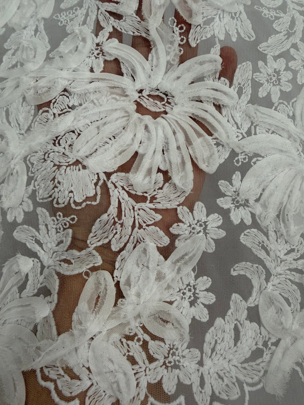 ML173 - White Lace Fabric by Yard – 52" Ribbon Embroidery on Mesh for Bridal Gowns, Tablecloth, Party Decor