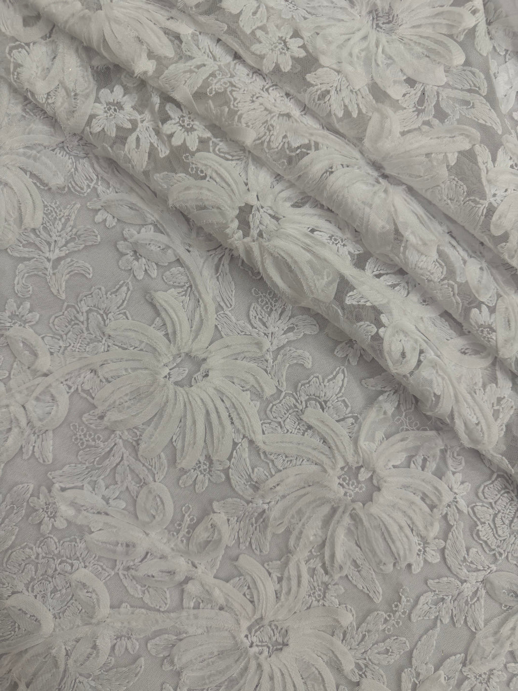 ML173 - White Lace Fabric by Yard – 52" Ribbon Embroidery on Mesh for Bridal Gowns, Tablecloth, Party Decor