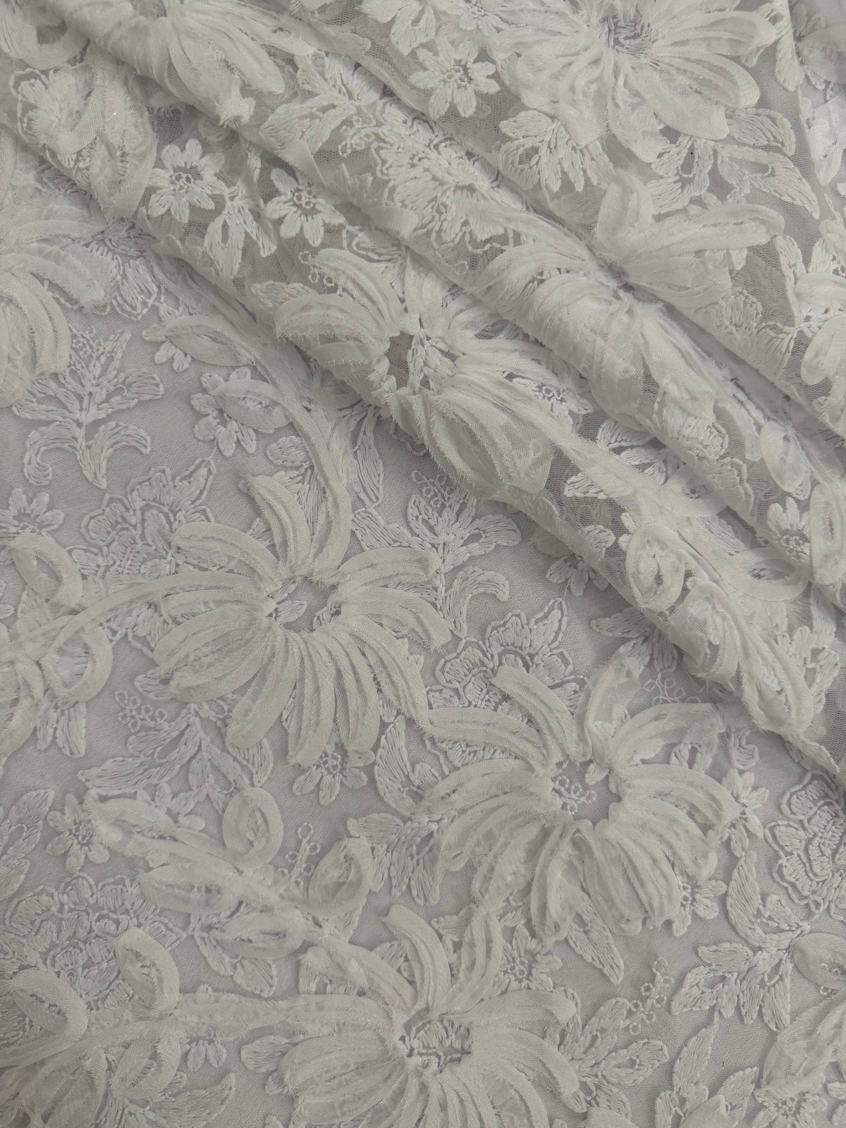 ML173 - White Lace Fabric by Yard – 52" Ribbon Embroidery on Mesh for Bridal Gowns, Tablecloth, Party Decor