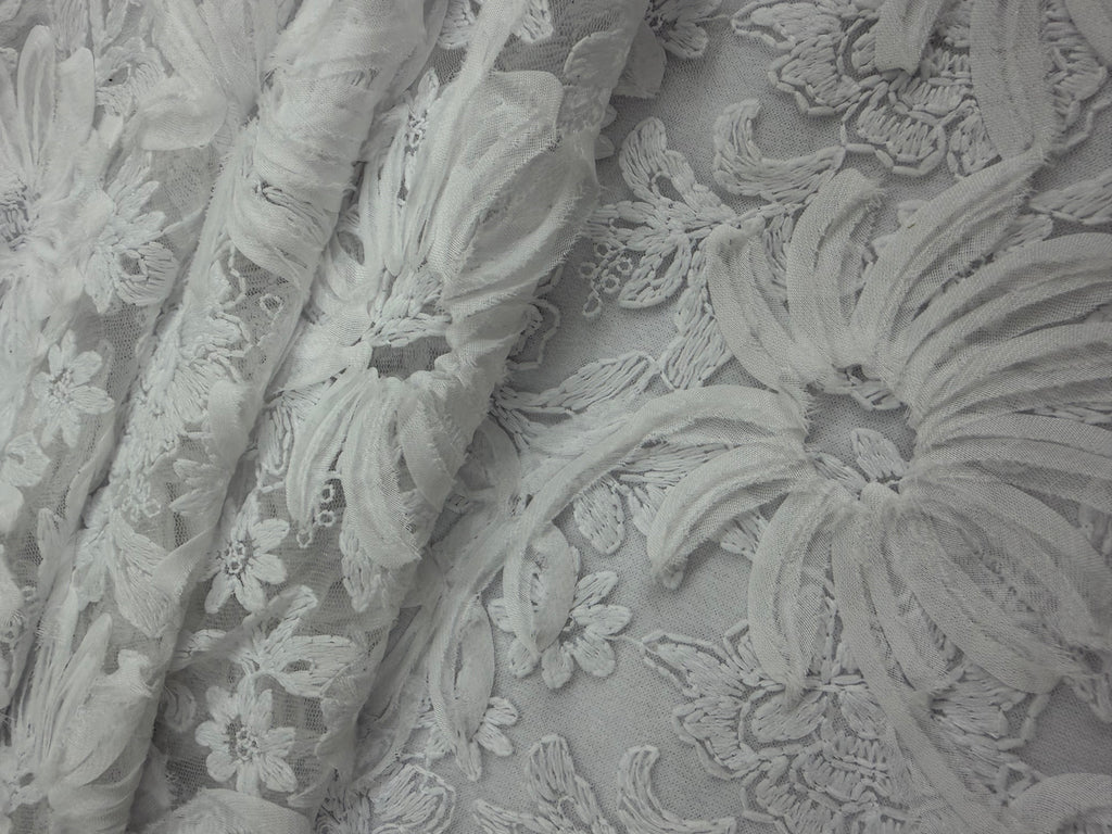 ML173 - White Lace Fabric by Yard – 52" Ribbon Embroidery on Mesh for Bridal Gowns, Tablecloth, Party Decor