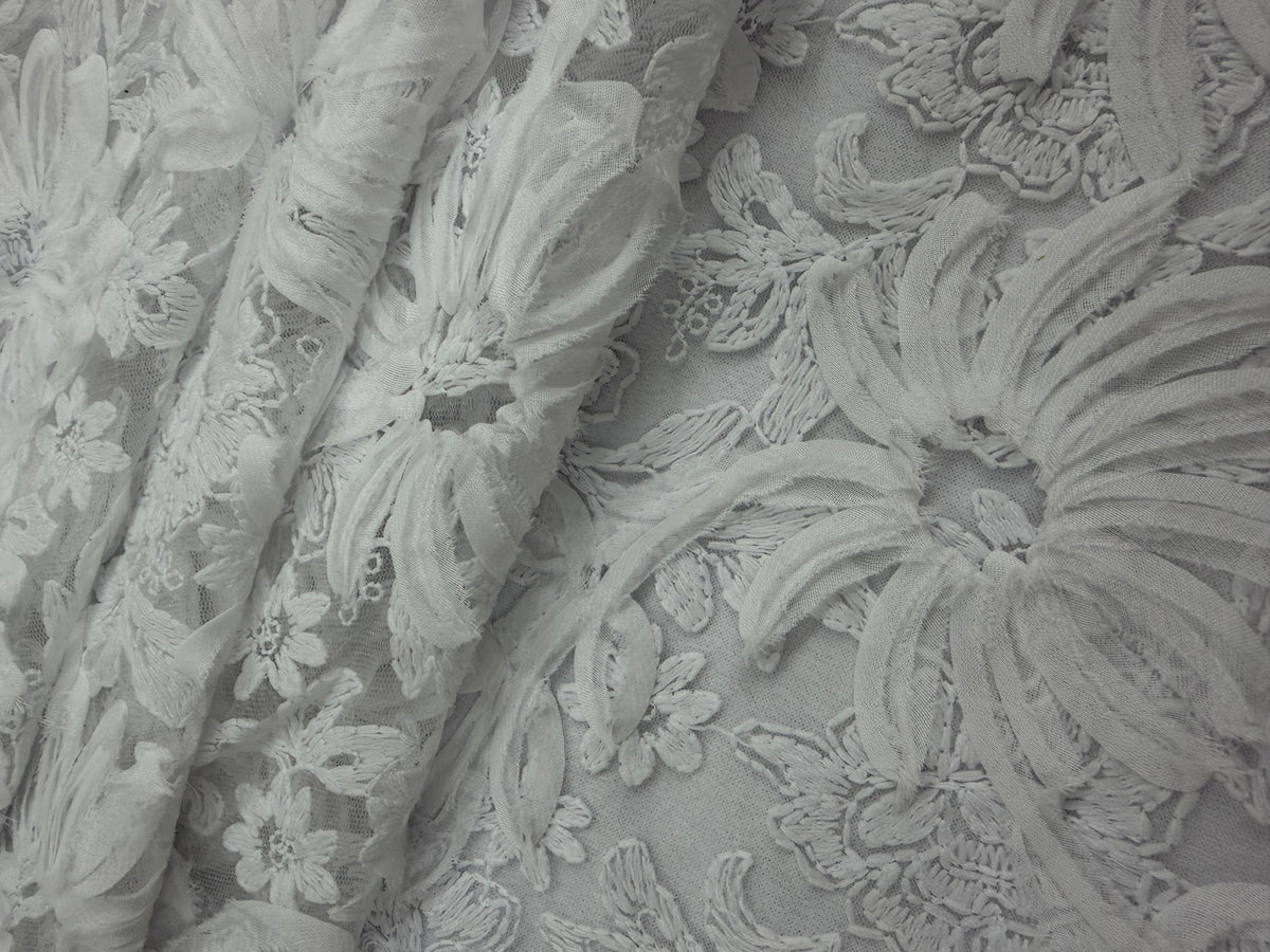 ML173 - White Lace Fabric by Yard – 52" Ribbon Embroidery on Mesh for Bridal Gowns, Tablecloth, Party Decor