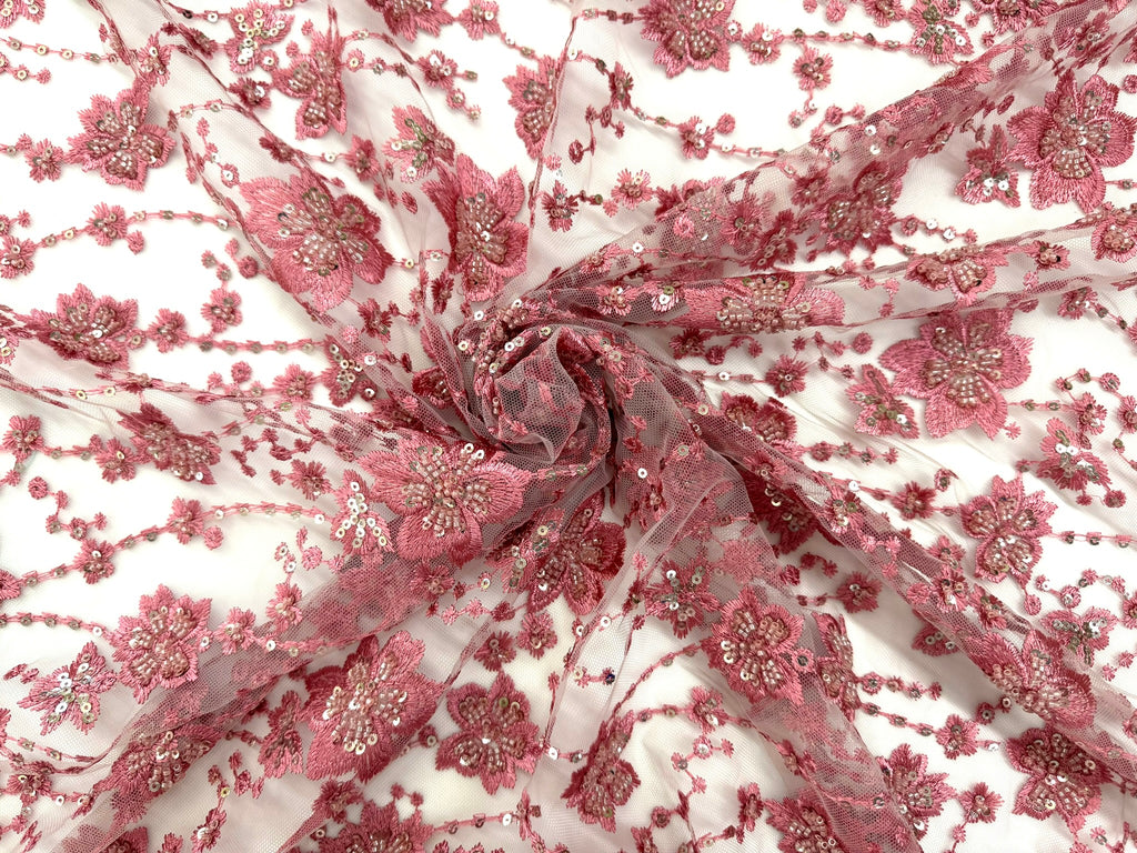 ML189- Beaded Lace Fabric by Yard – 50" Wide Floral Embroidery Mesh for Bridal Gowns, Tablecloth, Party Decor