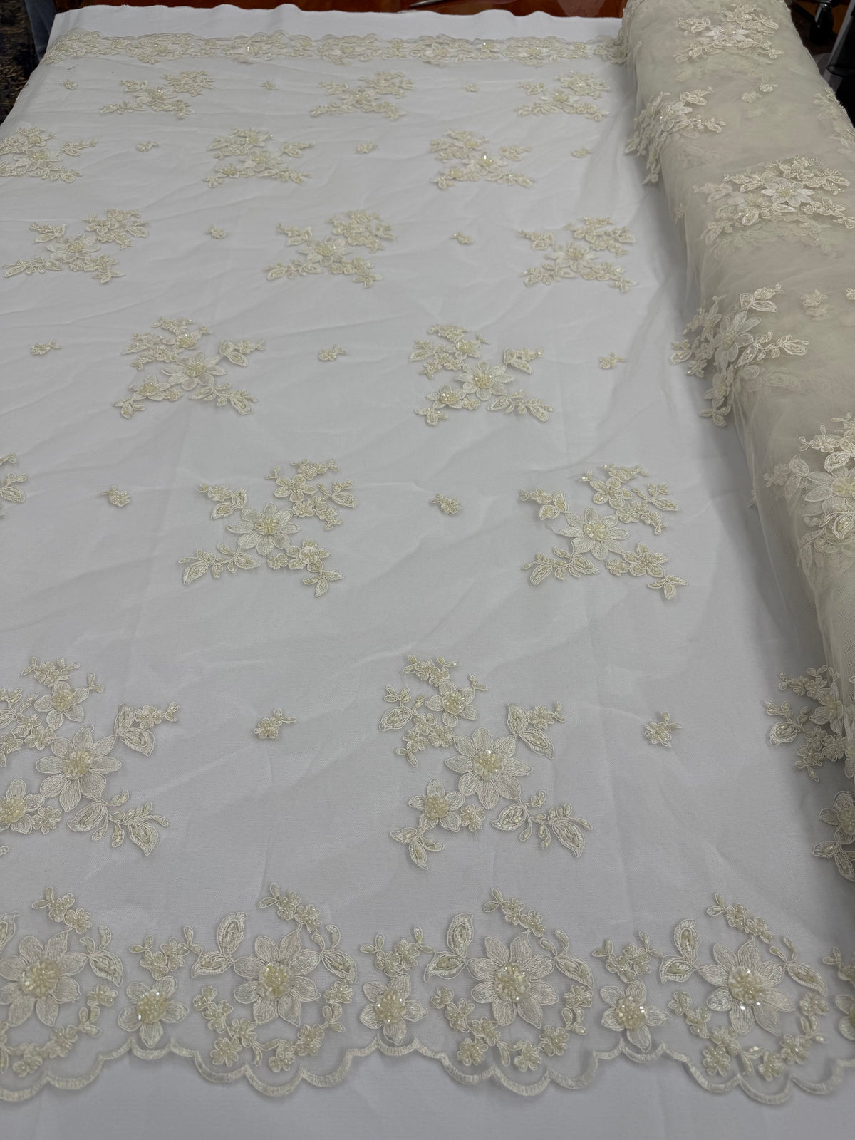 ML168- Beaded Lace Fabric by Yard – 50" Wide Floral Embroidery Mesh for Bridal Gowns, Tablecloth, Party Decor