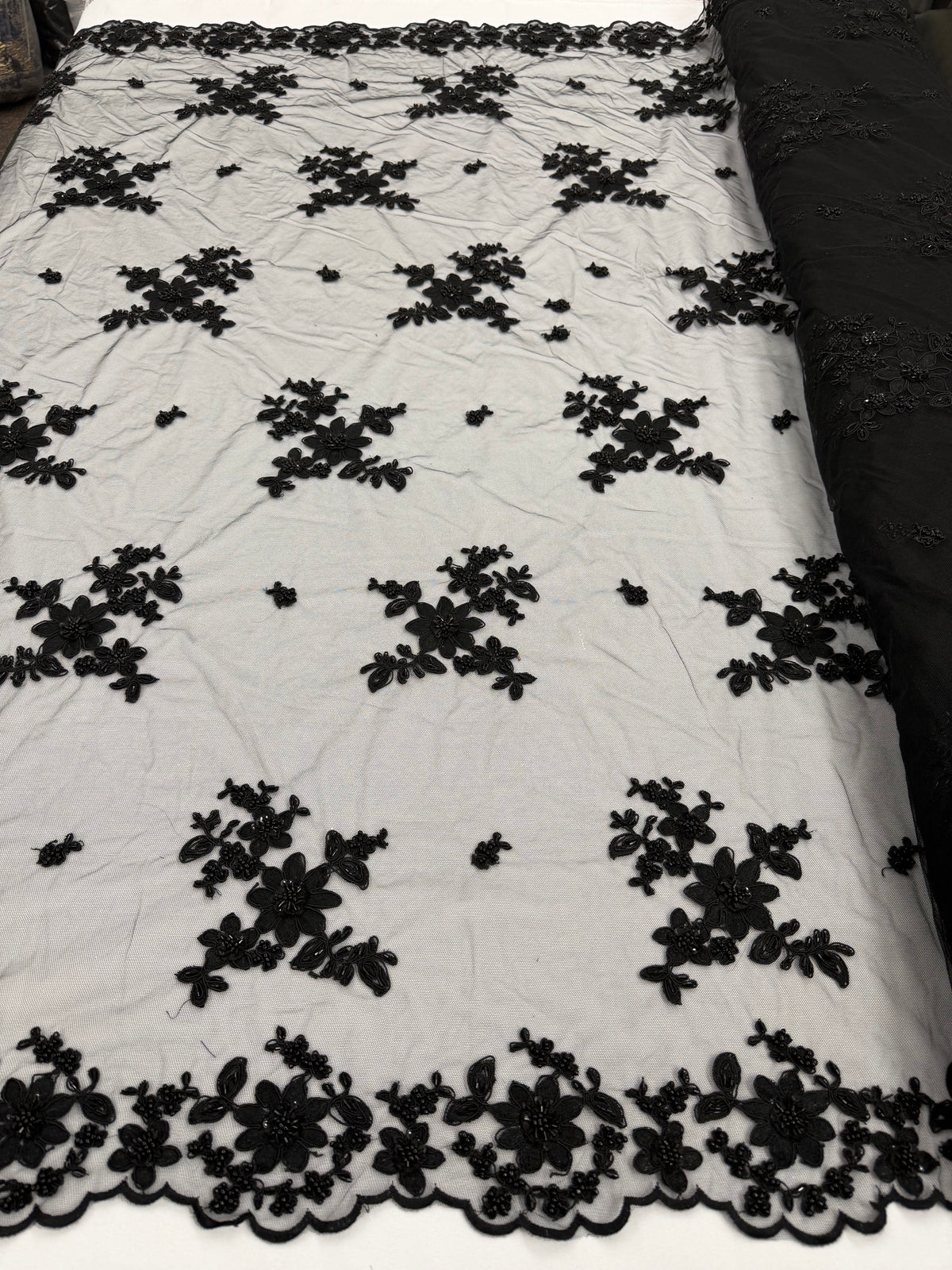 ML168- Beaded Lace Fabric by Yard – 50" Wide Floral Embroidery Mesh for Bridal Gowns, Tablecloth, Party Decor