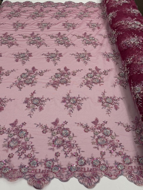 ML204 - Lace Fabric by Yard – 52" Beaded Mesh for Gowns, Tablecloth, Party Decor