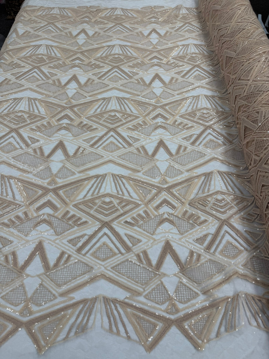 ML185 - Lace Fabric by Yard – 52" Wide Sequined Geometric Mesh for Dancing Gowns, Tablecloth, Party Decor