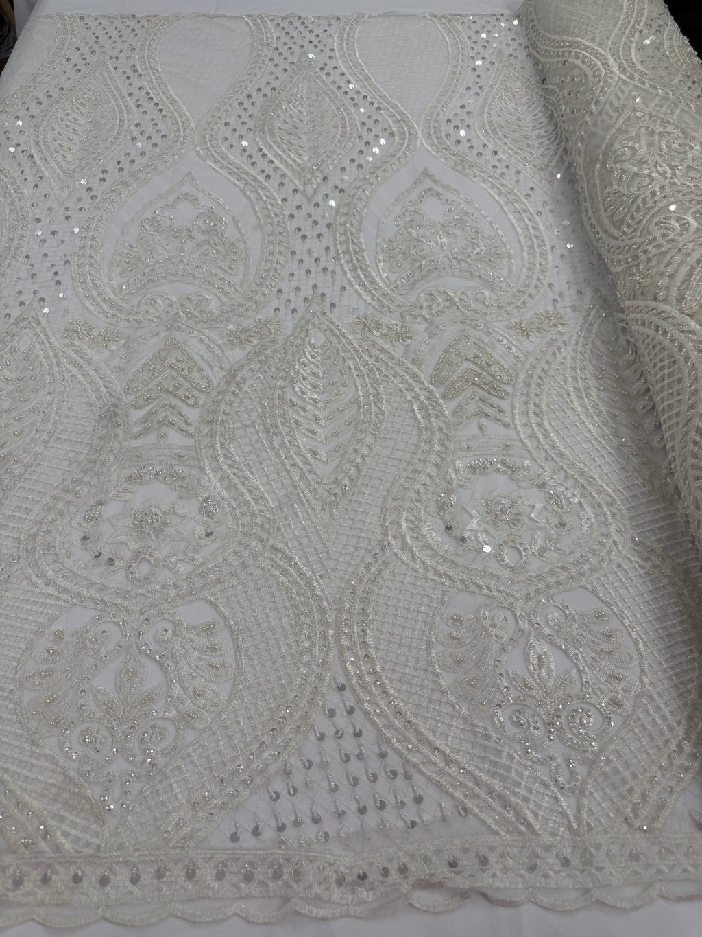 ML202 - Lace Fabric by Yard – 52" Beaded Mesh for Gowns, Tablecloth, Party Decor