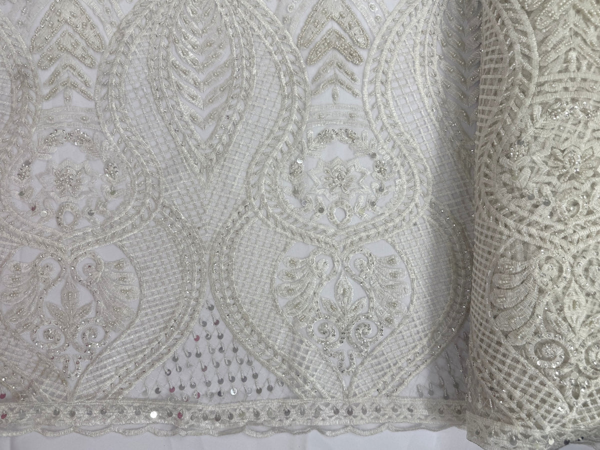 ML202 - Lace Fabric by Yard – 52" Beaded Mesh for Gowns, Tablecloth, Party Decor