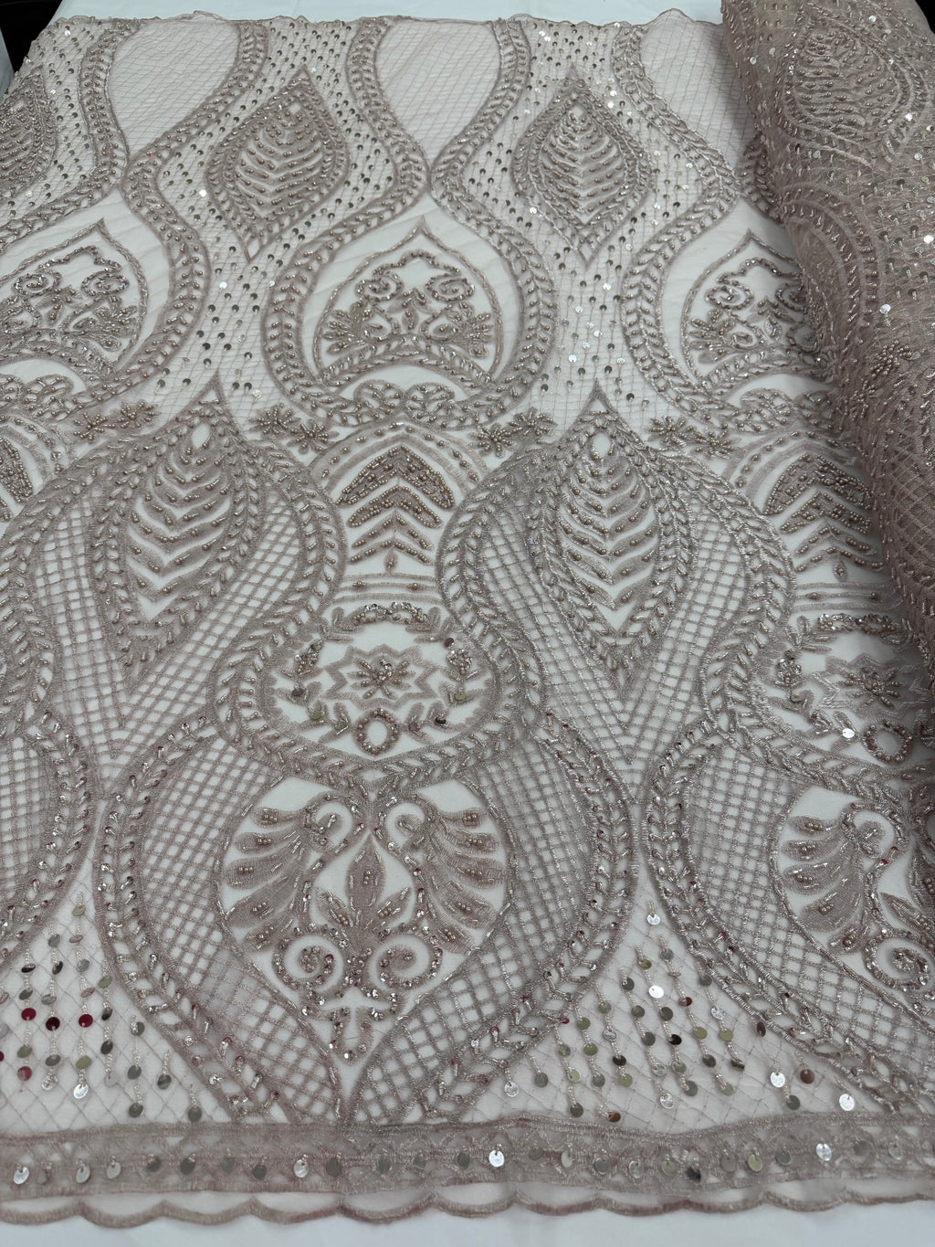 ML202 - Lace Fabric by Yard – 52" Beaded Mesh for Gowns, Tablecloth, Party Decor