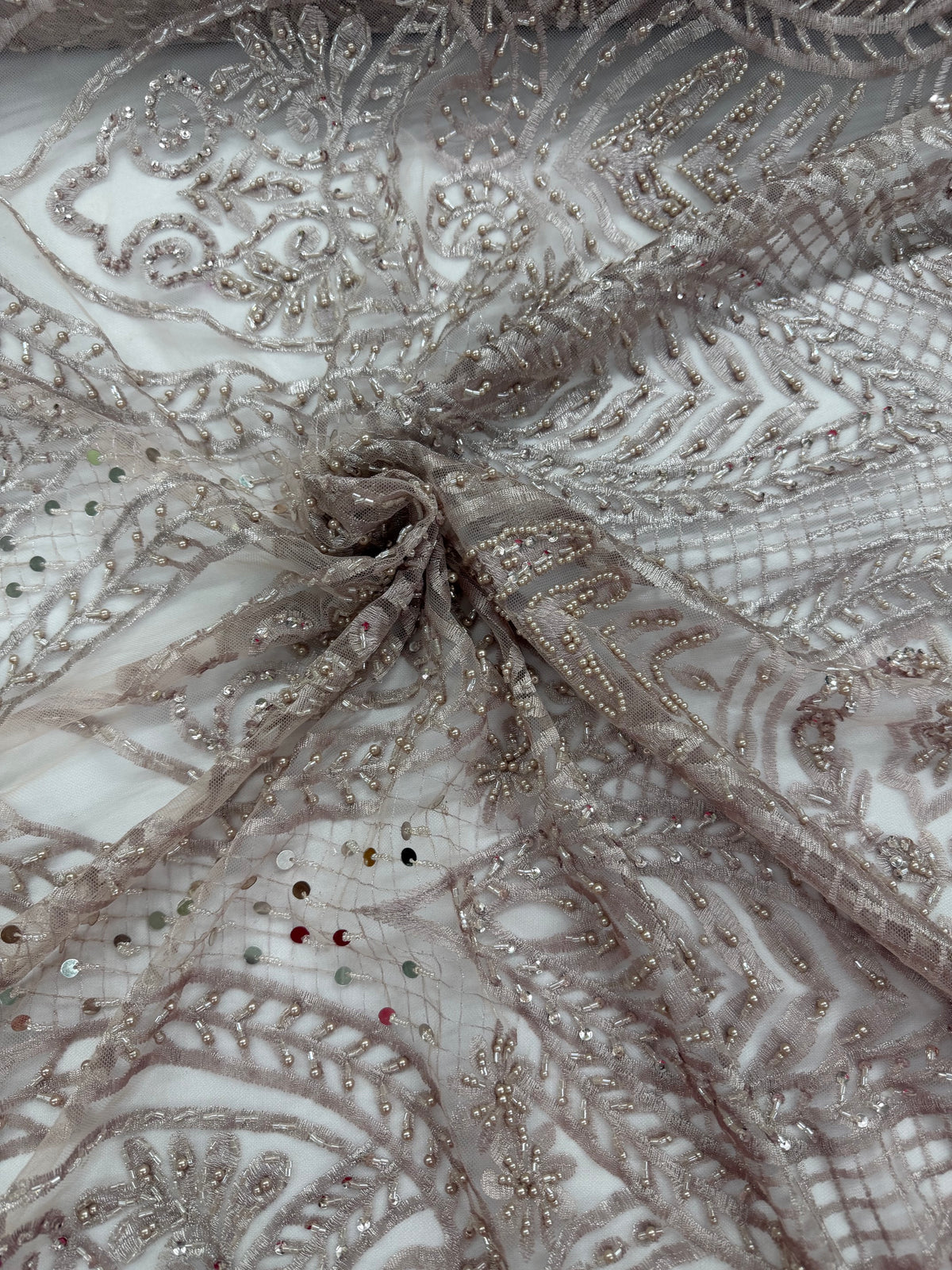 ML202 - Lace Fabric by Yard – 52" Beaded Mesh for Gowns, Tablecloth, Party Decor