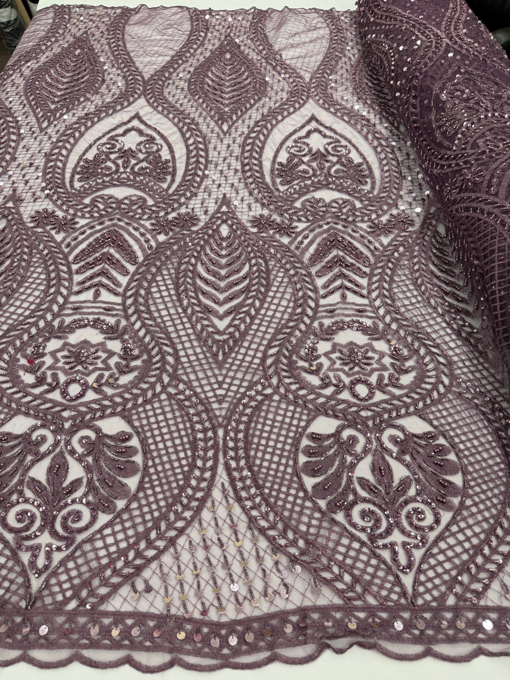 ML202 - Lace Fabric by Yard – 52" Beaded Mesh for Gowns, Tablecloth, Party Decor