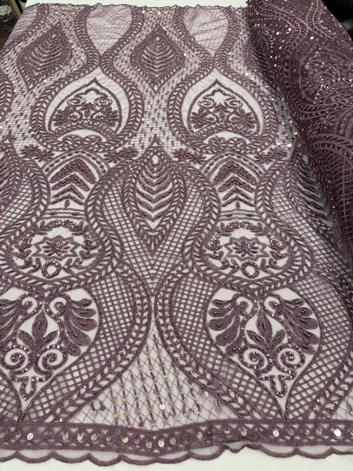 ML202 - Lace Fabric by Yard – 52" Beaded Mesh for Gowns, Tablecloth, Party Decor