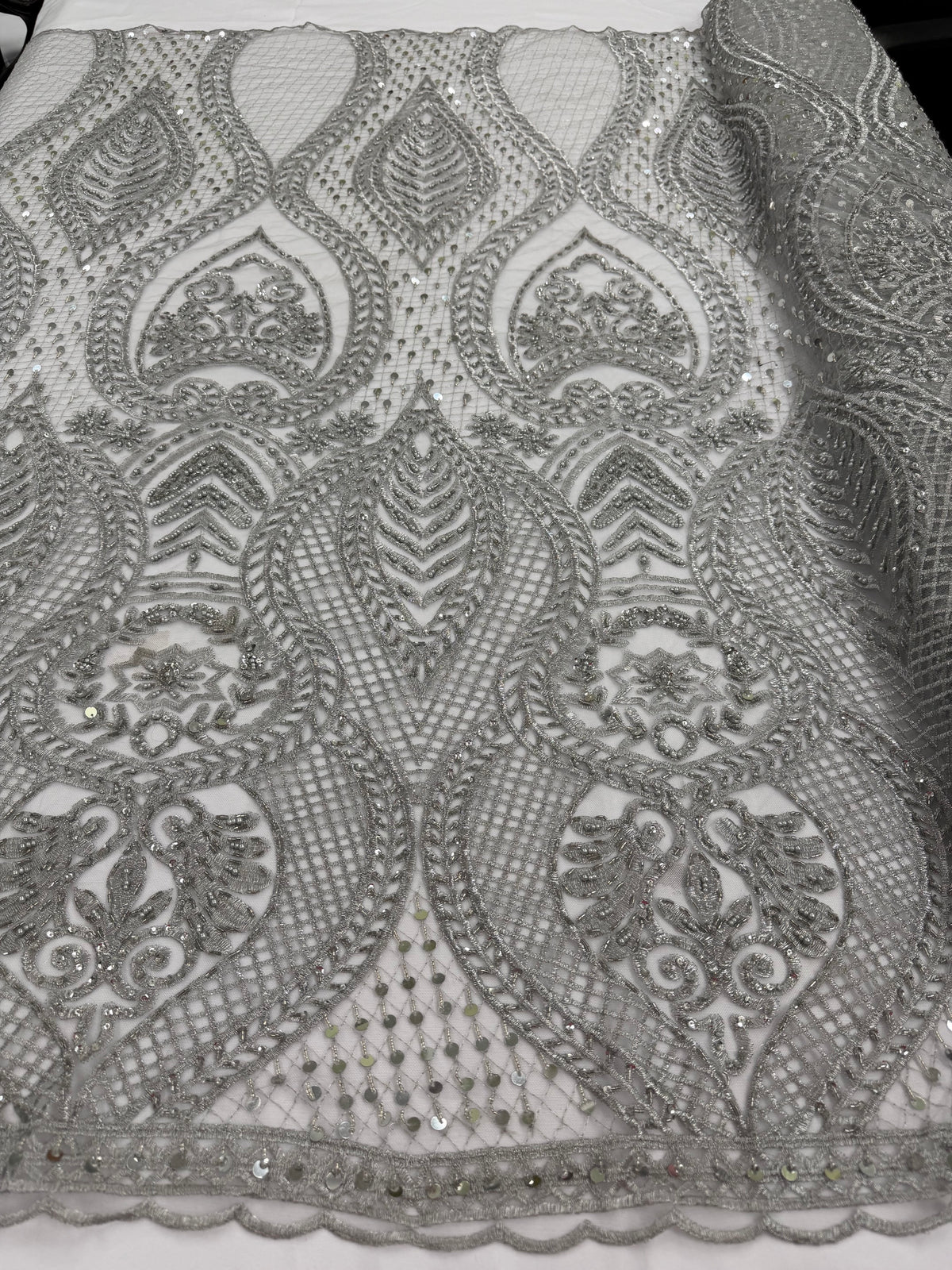ML202 - Lace Fabric by Yard – 52" Beaded Mesh for Gowns, Tablecloth, Party Decor