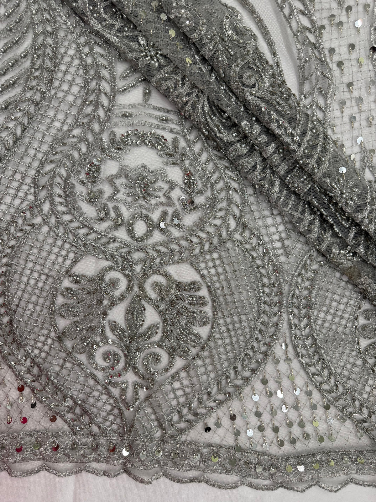ML202 - Lace Fabric by Yard – 52" Beaded Mesh for Gowns, Tablecloth, Party Decor
