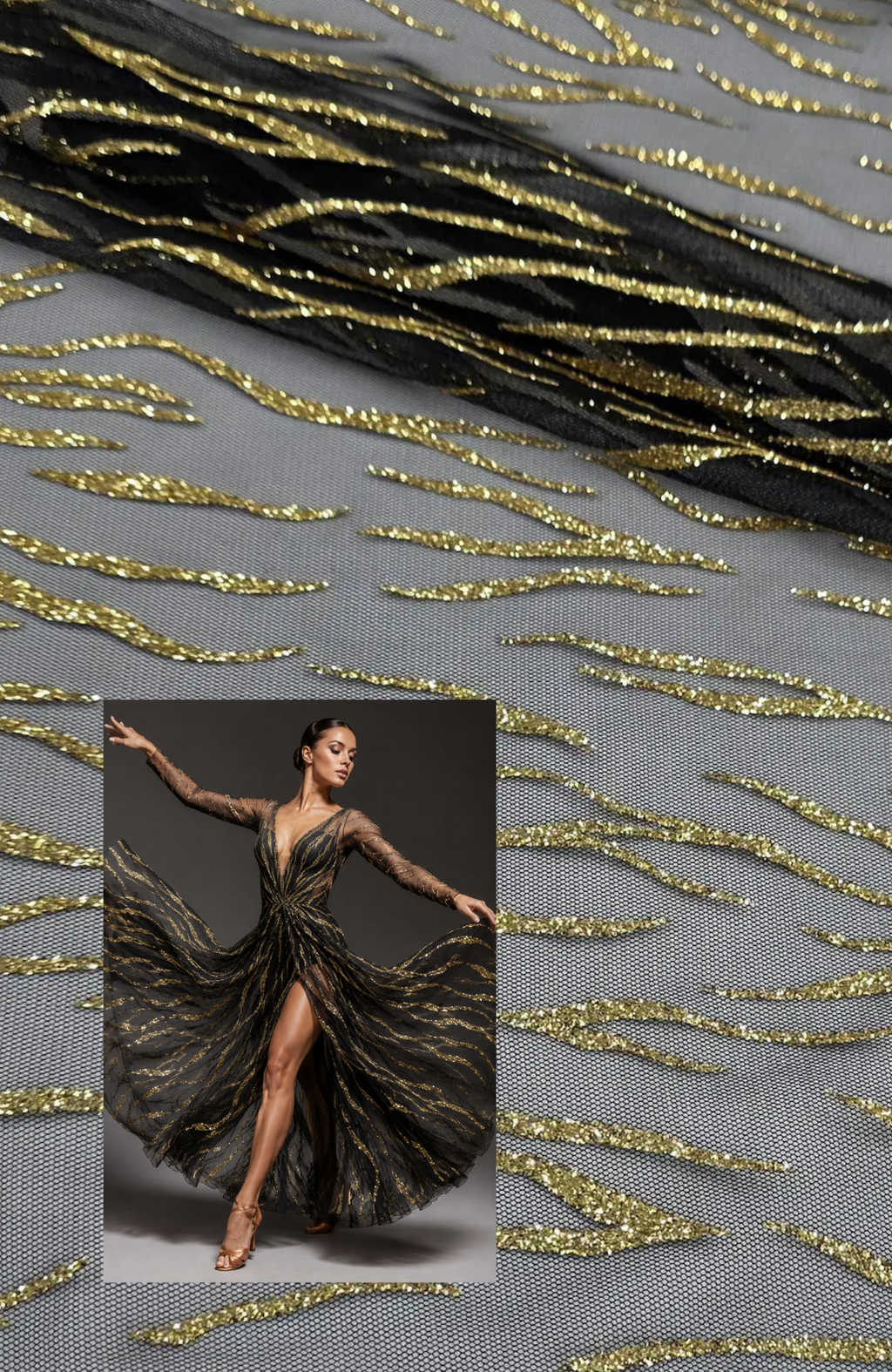 ML175 - Black Gold Fabric by Yard – 60" Wide Glitter Stripe Lace for Dancewear, Gowns, Tablecloth, Party Decor