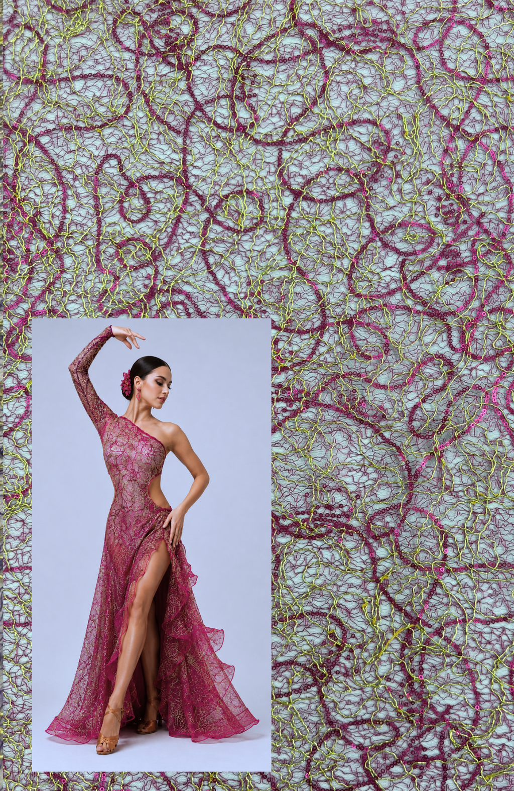ML166 - Lace Fabric by Yard – 50" Wide Sequined Swirl Mesh for Dancing Gowns, Tablecloth, Party Decor