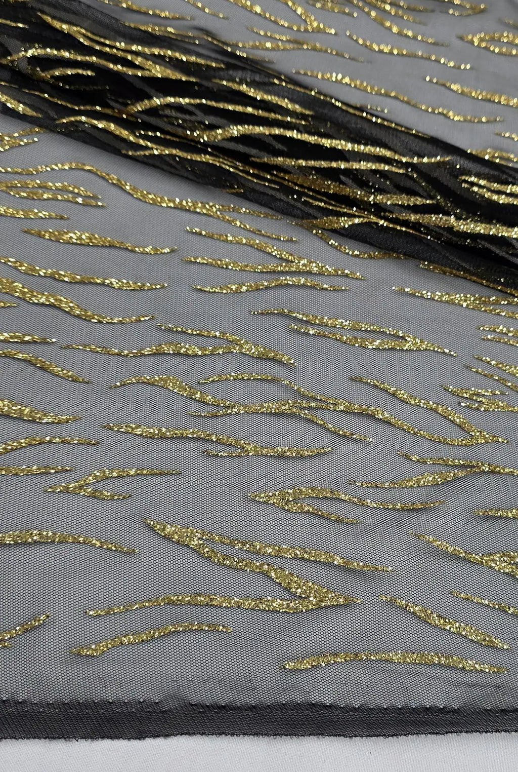 ML175 - Black Gold Fabric by Yard – 60" Wide Glitter Stripe Lace for Dancewear, Gowns, Tablecloth, Party Decor
